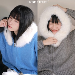 FLOREATELIER蓝色毛领加厚保暖宽松慵懒风显瘦百搭针织开衫女