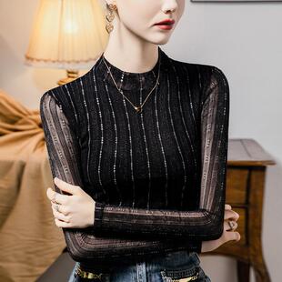 2025年新款亮丝网纱打底衫女长袖纱体t恤修身蕾丝上衣高级感秋装