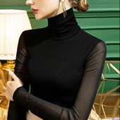 2025新款 纱衣内搭上衣秋冬 沙体t恤加绒款 高领网纱打底衫 女士长袖