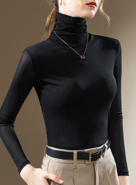 秋装2025新款高领网纱打底衫薄纱t恤女长袖网衫内搭蕾丝黑纱上衣
