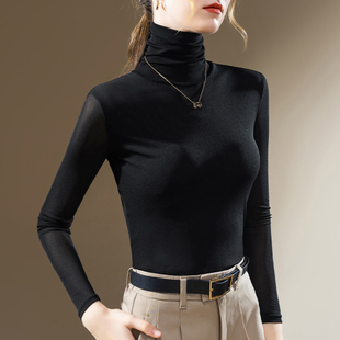 秋装2025新款高领网纱打底衫薄纱t恤女长袖网衫内搭蕾丝黑纱上衣