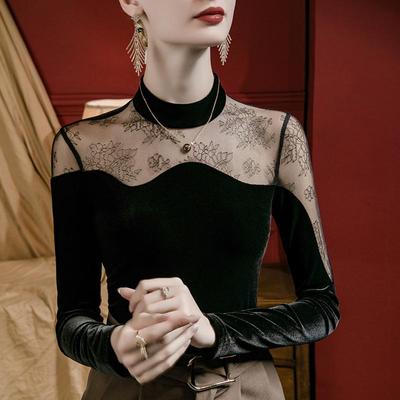 洋气蕾丝拼接丝绒上衣女长袖秋装