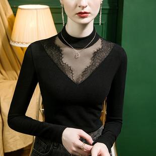 2025新款洋气德绒打底衫女秋冬高级感t恤蕾丝网纱拼接上衣可外穿
