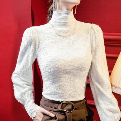 洋气蕾丝高领磨毛打底衫女冬长袖