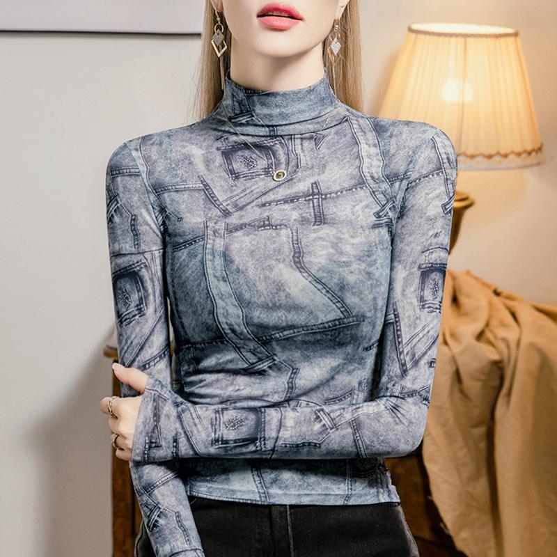 半高领洋气印花网纱打底衫女长袖