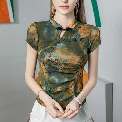 新中式水墨画印花网纱t恤女短袖