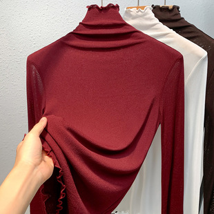 高领沙体网纱t恤长袖内搭女士加绒款纱衣打底衫黑色薄纱上衣秋装