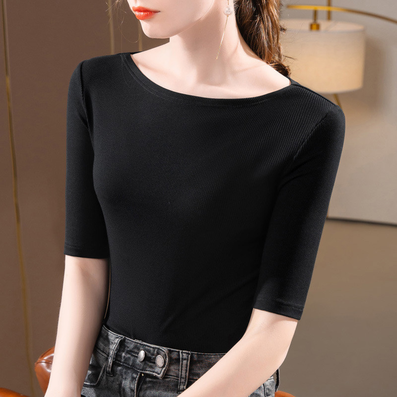 丹语2025新款一字领t恤女半袖洋气一字肩打底衫女款中袖上衣秋装