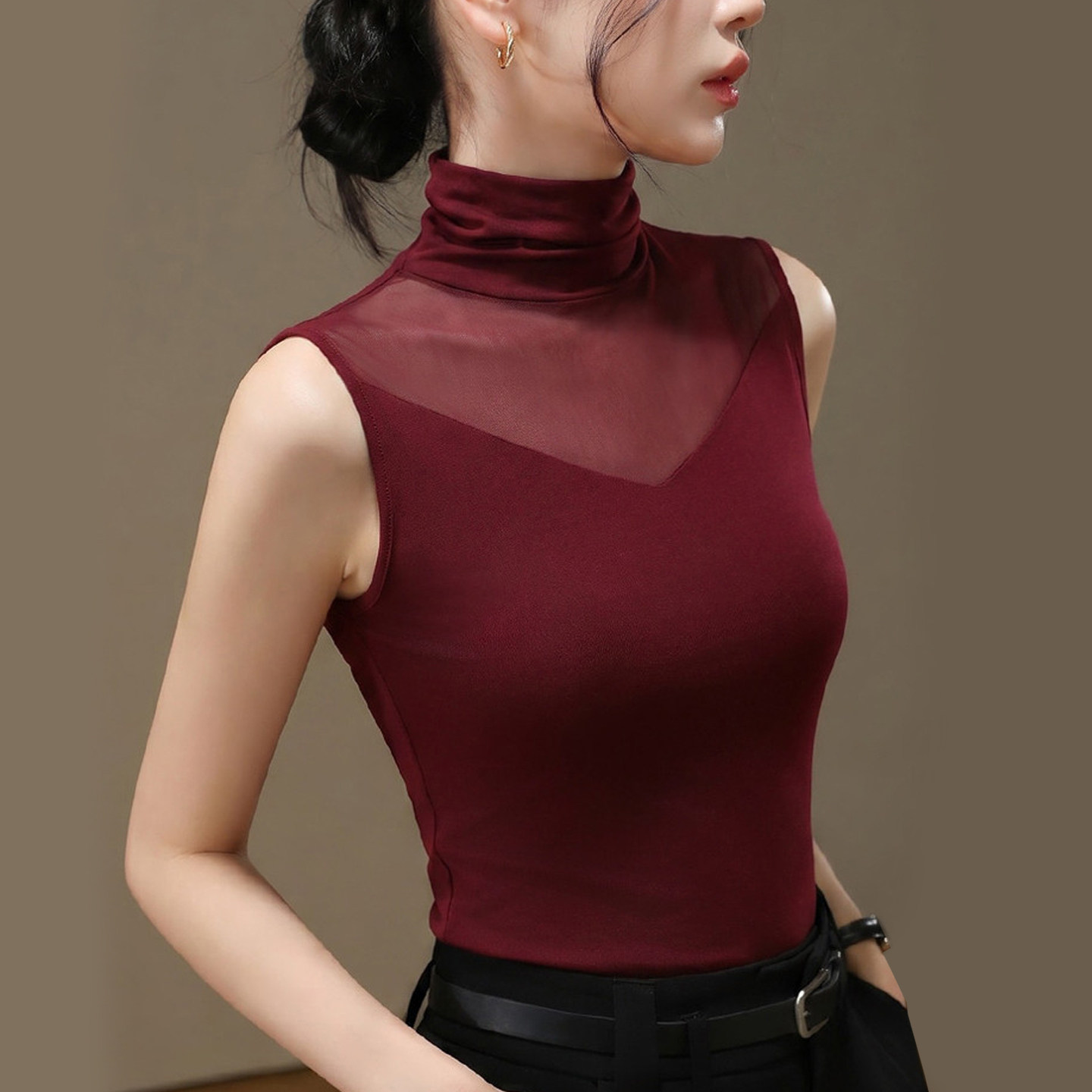 百搭高领高级感无袖网纱背心女秋