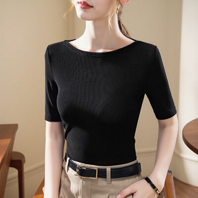 丹语一字领薄款网纱t恤女秋中袖