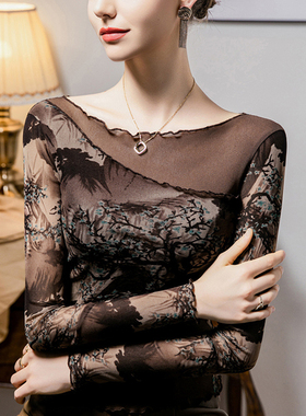 新中式国风印花网纱水墨画打底衫女秋款长袖薄纱t恤舞蹈纱衣上衣