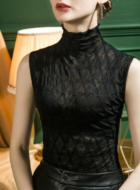 半高领蕾丝背心女薄款内搭无袖雷丝打底衫微透薄纱坎肩网纱上衣秋