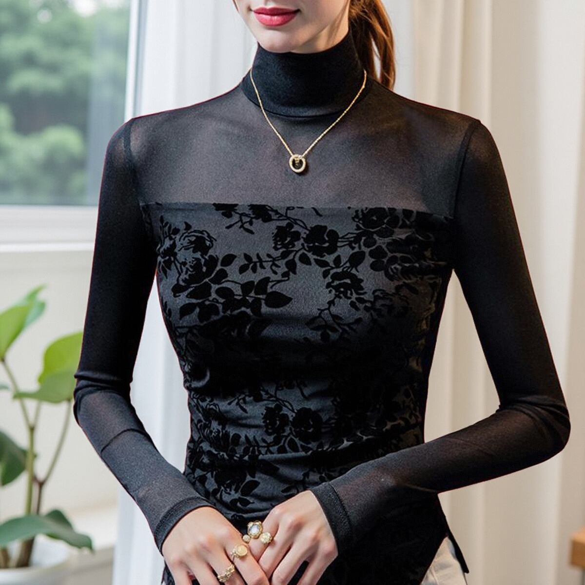 春装半高领印花蕾丝打底衫女网纱上衣高级感长袖沙体t恤舞蹈纱衣