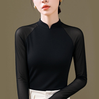 极简高级感小立领网纱打底衫女长袖2026新款插肩袖t恤薄纱上衣秋