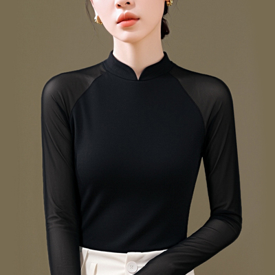 极简高级感小立领网纱打底衫女长袖2026新款插肩袖t恤薄纱上衣秋