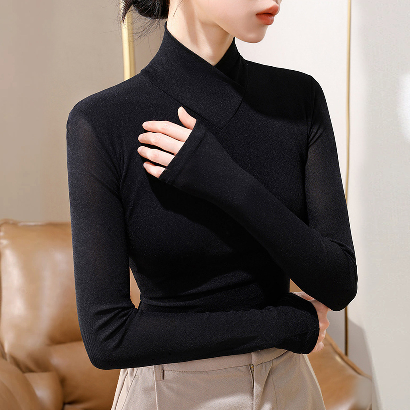 2026新款半高领网纱打底衫女高端纱衣长袖t恤设计感黑色薄纱上衣,女装/女士精品,T恤,淘宝优惠券,粉丝福利购,淘宝优惠卷
