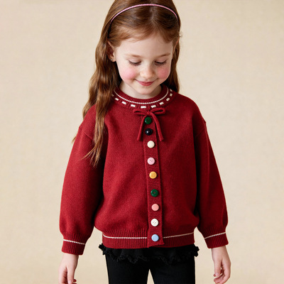 啊咪啦女童大红色圣诞节套头毛衣