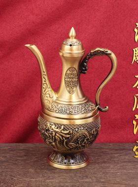 黄铜浮雕百福酒壶复古家居玄关摆件装饰品铜壶礼品酒具铜器摆件