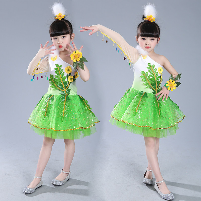 新款小小茉莉花舞蹈儿童女演出服春晓小草绿色蓬蓬裙纱裙表演服装