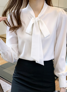 春秋装2026年新款缎面职业衬衫女长袖飘带白色衬衣气质上衣工作服