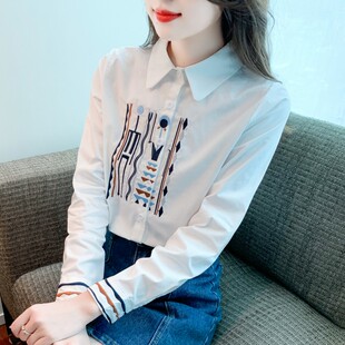 春秋季2026年新款时尚刺绣纯棉女士衬衫洋气全棉气质长袖白色衬衣