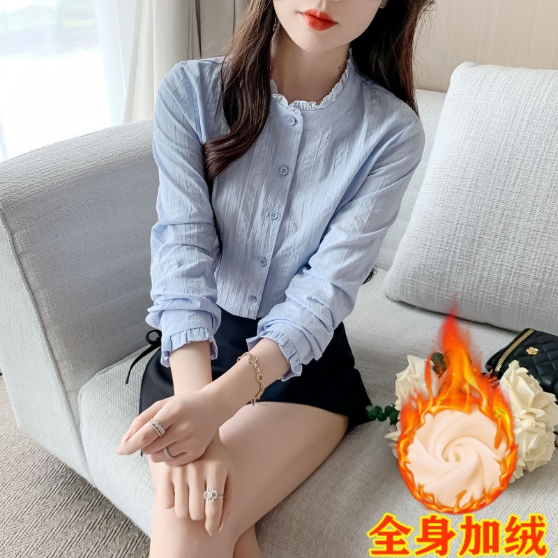 秋冬季2025年新款加绒加厚小立领纯棉衬衫女洋气全棉长袖保暖上衣