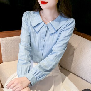 新款 2025年春季 百搭设计感甜美娃娃领衬衣洋气全棉 女长袖 纯棉衬衫