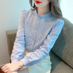 春秋装2025年新款减龄刺绣提花纯棉衬衫女洋气全棉木耳领加绒上衣