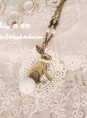 手作珍珠蕾丝兔子项链