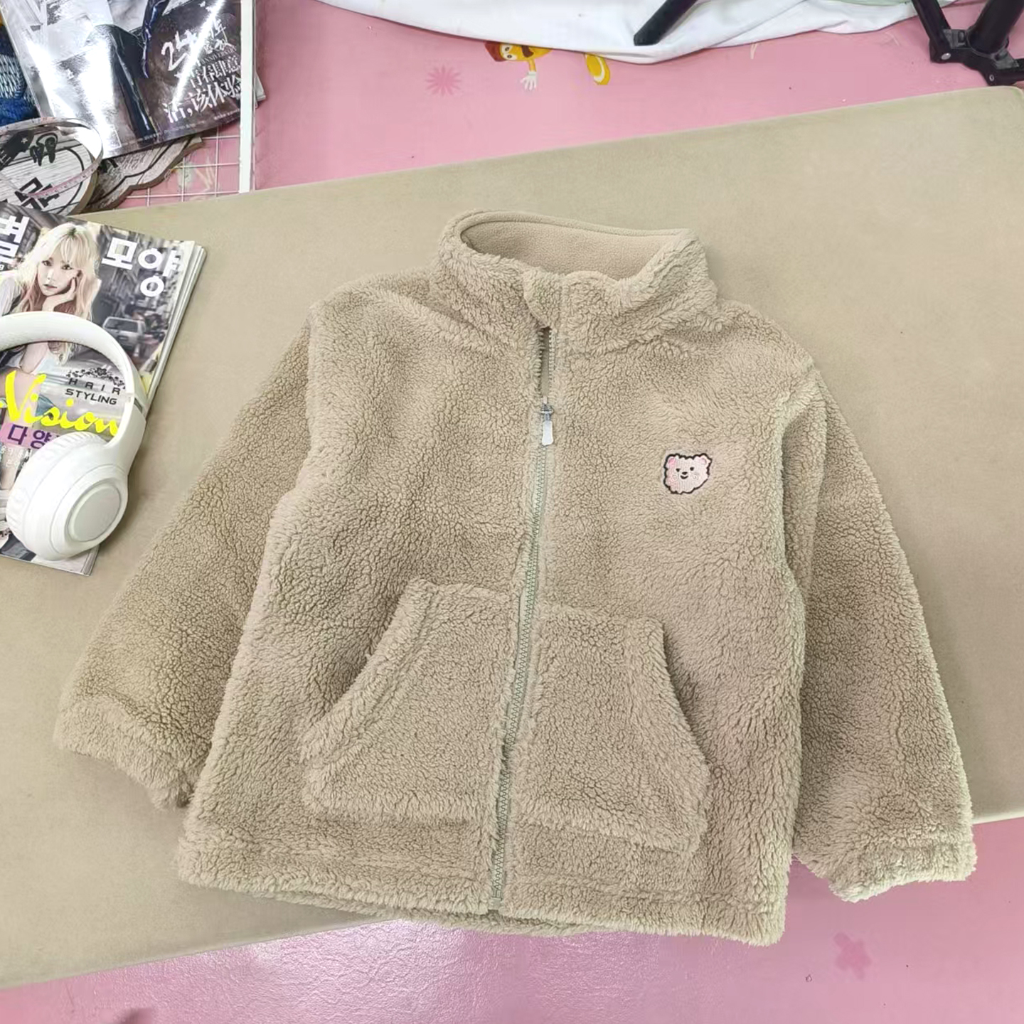 外贸清仓 小熊刺绣泰迪卷立领外套冬季 小童加厚加绒保暖夹克上衣