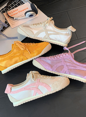 真皮早春丝绸芭蕾德训鞋女ins潮2026新款复古拼色休闲阿甘运动鞋