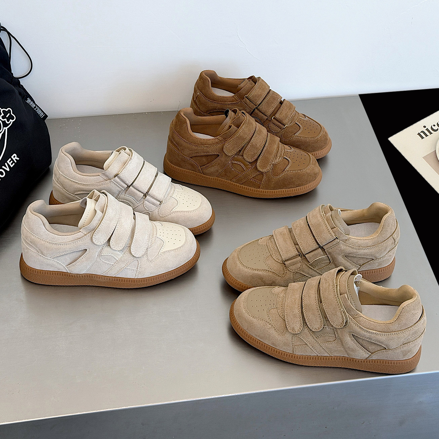 真皮复古厚底德训鞋女内增高2026春季新款软底魔术贴运动休闲板鞋