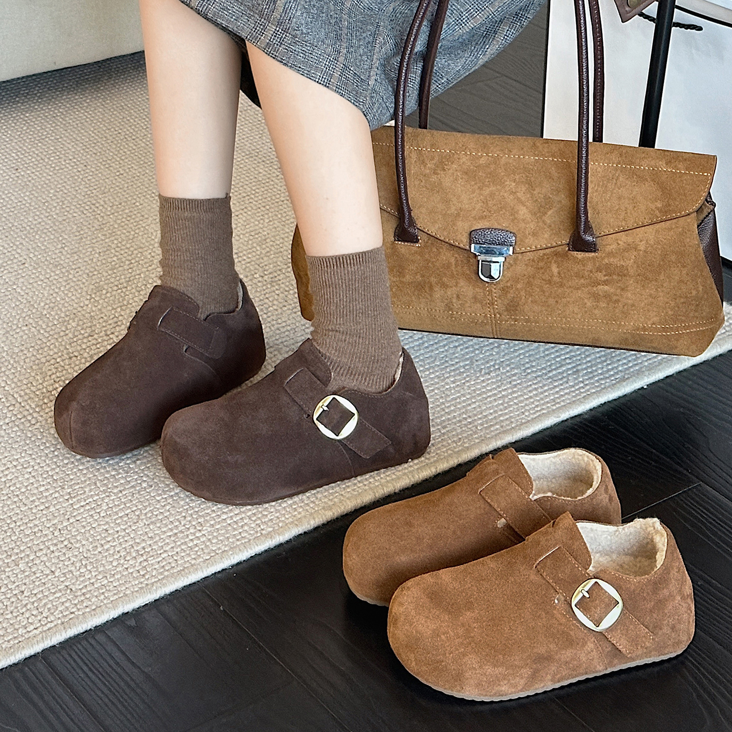 保暖厚底真皮内增高勃肯鞋