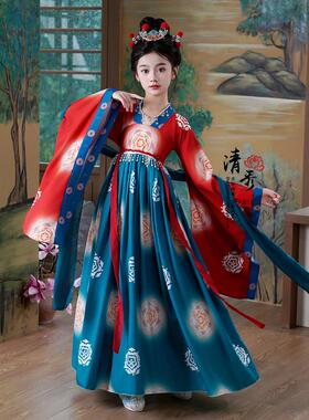 汉服女童春秋中国风红色唐装儿童古装超仙女广袖连衣裙古筝演出服