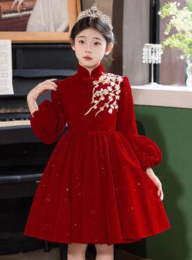红色冬季诗歌朗诵女童旗袍公主裙小女孩表演服装儿童唐装拜年服女