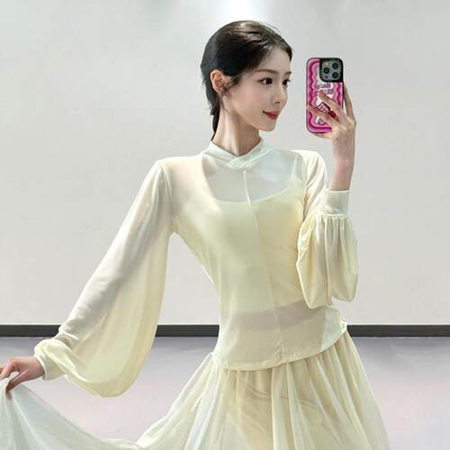 古典舞蹈服交领拼接灯笼袖形体演出练功服中国舞飘逸身韵网纱上衣