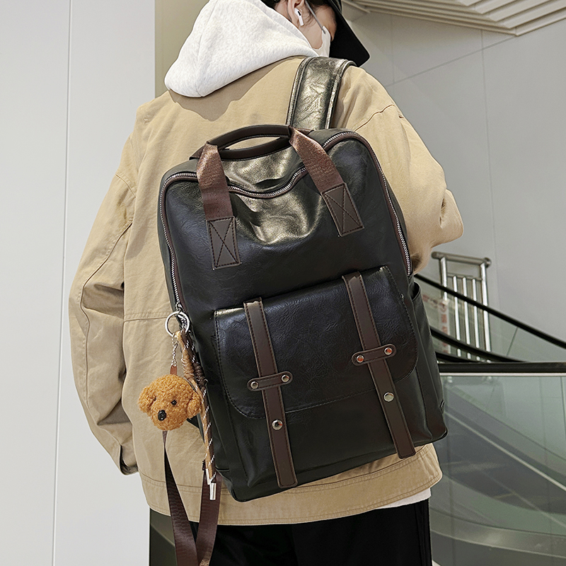 PU皮森系手提两用高级感双肩包男大学生书包女英伦风复古旅行背包