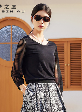 梦之屋2026春季新款时尚设计感蕾丝镂空长袖针织衫女薄毛衣M28167