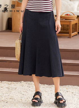 梦之屋2026春季新款韩版宽松黑色纯棉垂感半身裙女中长款裙Q28974