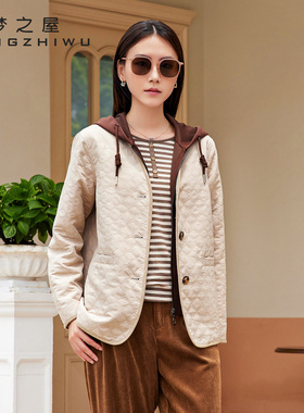 梦之屋棉衣棉服女2025冬季新款连帽菱格宽松假两件加厚外套W29555