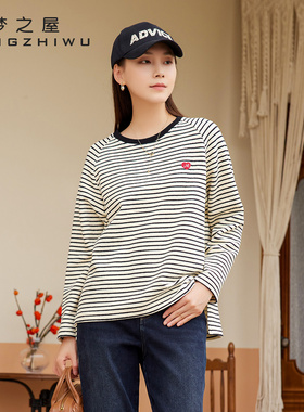 长袖T恤女梦之屋2025秋冬新款圆领条纹休闲宽松大码打底衫Z29129