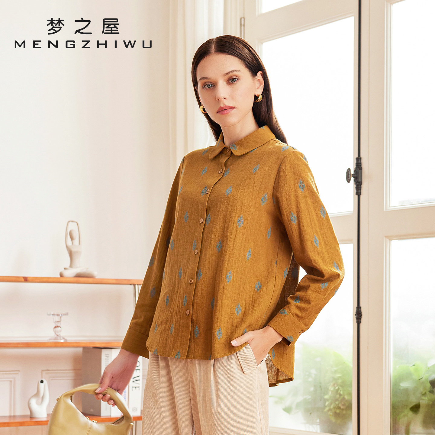 梦之屋复古印花宽松大码长袖衬衫