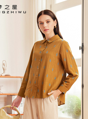 梦之屋长袖衬衫女2025秋冬新款复古印花宽松大码纯棉衬衣C29338