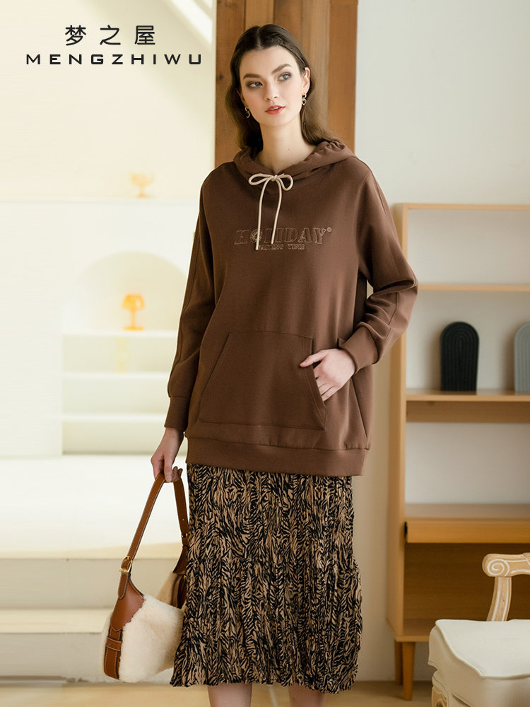 中长款卫衣女2024春季新款韩版字母刺绣宽松慵懒风连帽上衣z25666