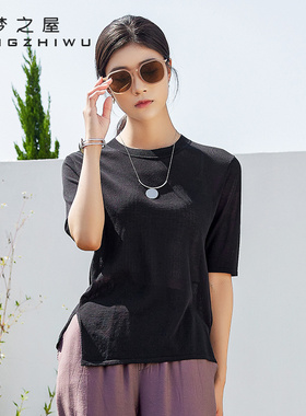梦之屋短袖针织衫女2026春季新款黑色圆领休闲舒适薄款毛衣M28545