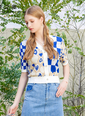 梦之屋2026春夏新款韩版时尚V领格子短袖针织衫女薄款毛衣M28110