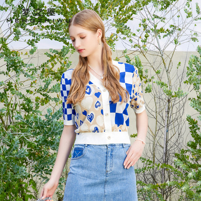 梦之屋韩版V领格子短袖针织衫女