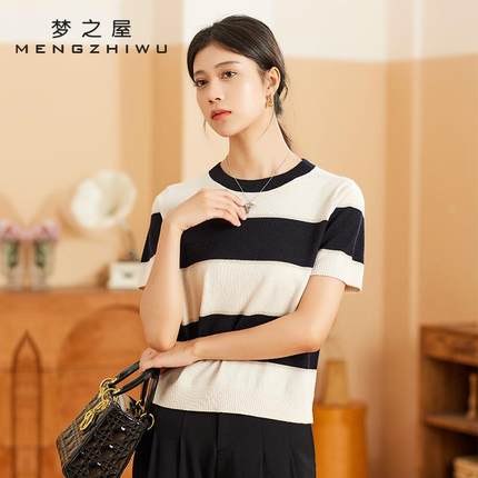 梦之屋2025春季新款韩版圆领条纹短袖毛衣针织衫羊毛衫女M27364