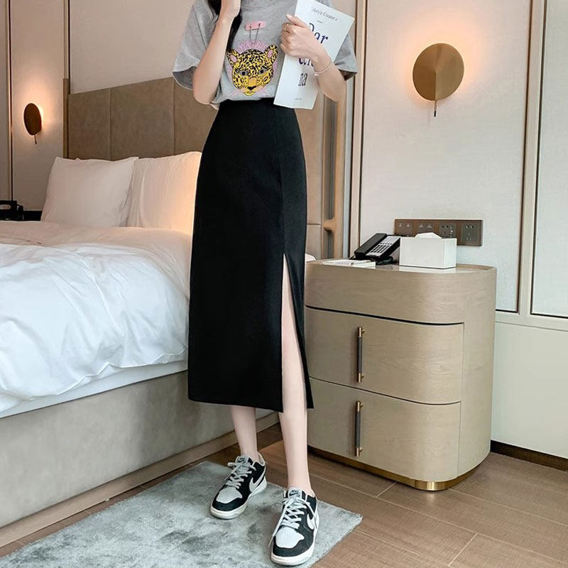 黑色高腰侧开叉半身裙女2025夏季新品一步裙通勤百搭垂感西装长裙