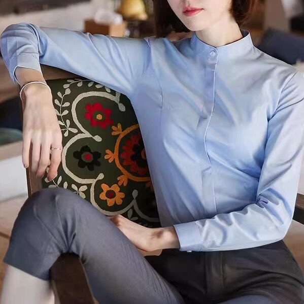 立领职业衬衫女款长袖春秋季高棉修身商务工作服气质面试通勤上衣